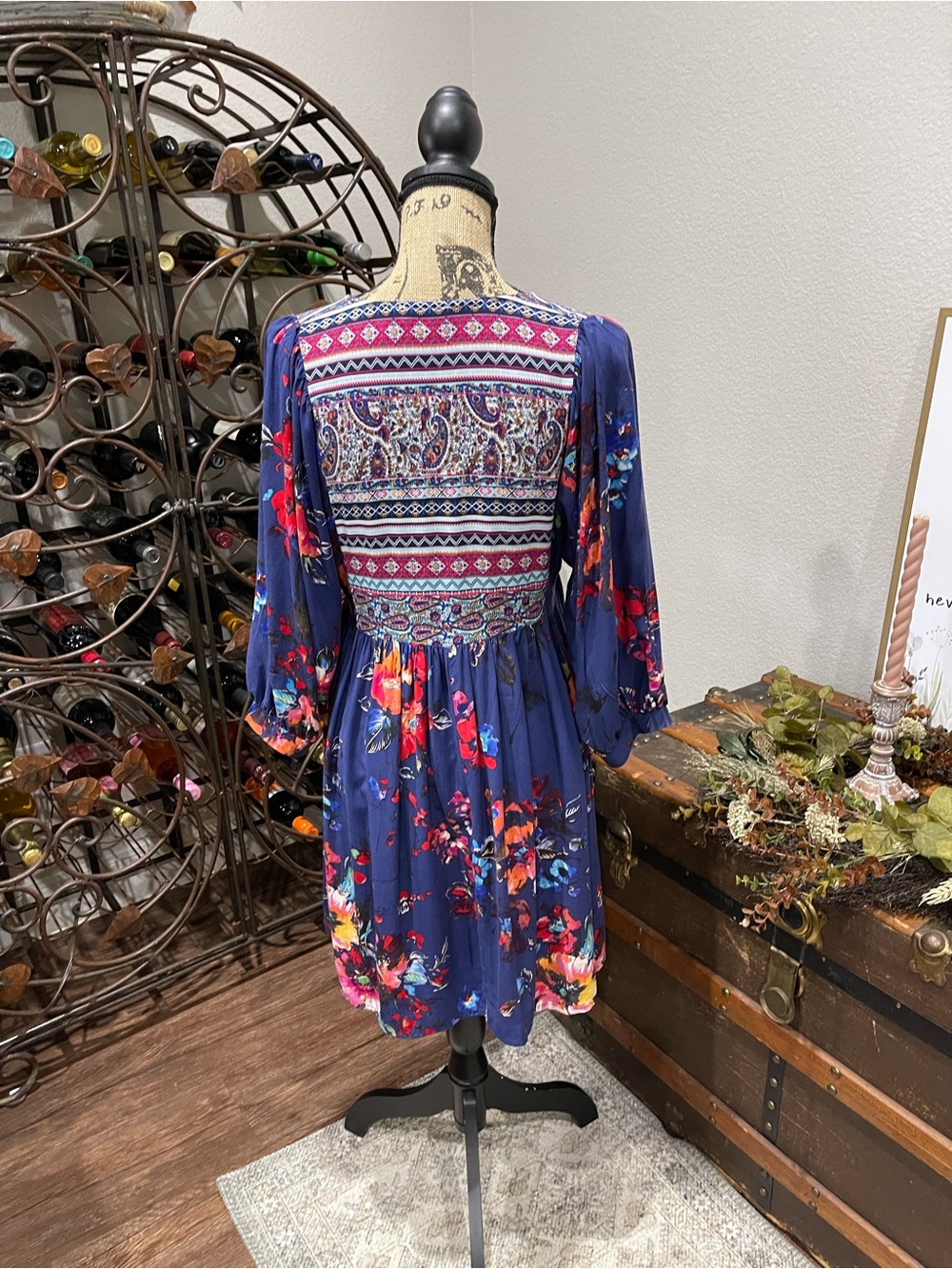 Umgee Boho Floral V-Neck Smocked Waist Dress in Navy - Picture 6 of 9